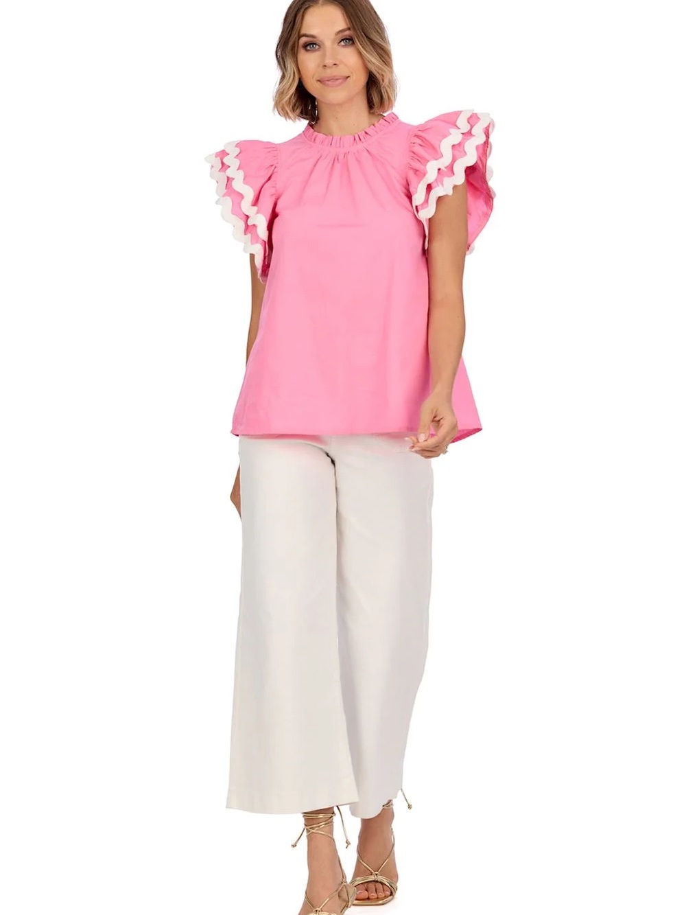 Mud Pie Pink Ruffle Sleeve Blouse with White Trim